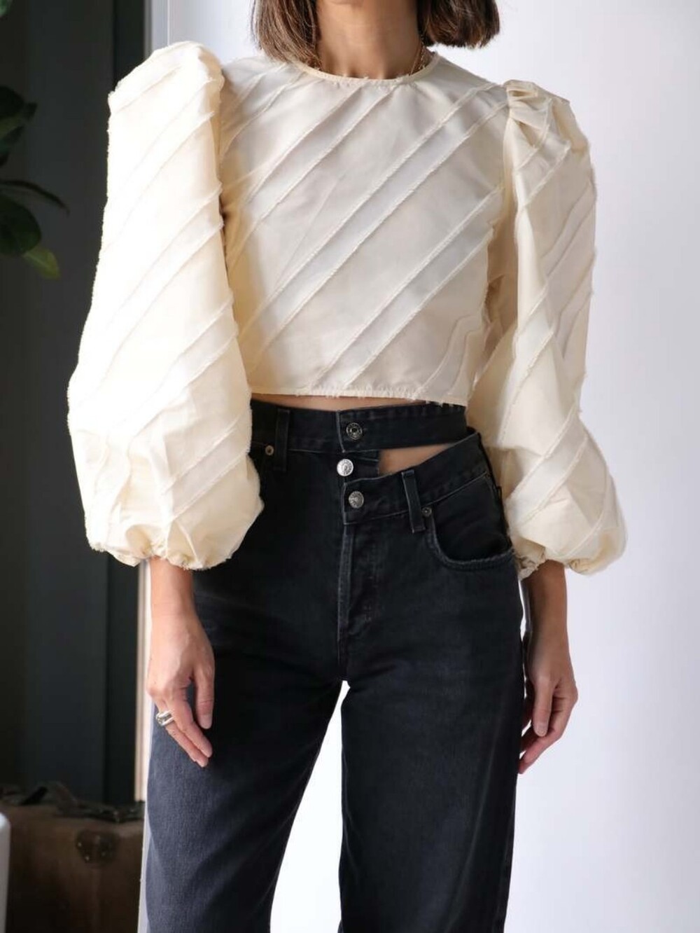 GANNI Stripe Taffeta Wide Sleeve Cropped Blouse Cream/Egret L